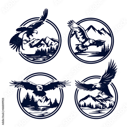 Set of hand-drawn eagle adventure logo badge. Eagle logo for outdoor camping or hiking hobbies.