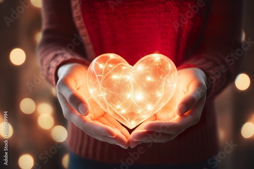 Female hands holding heart shaped glowing christmas lights