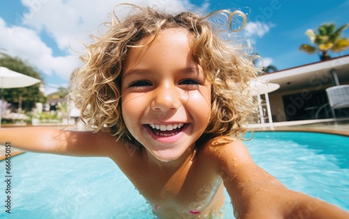 Happy little girl taking selfie in an outdoor swimming pool