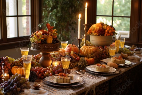 Captivating fall harvest banquet: a Thanksgiving inspired table setting for joyful holiday gatherings. Generative AI