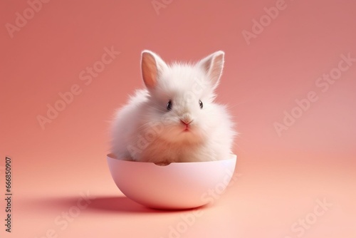 Cute fluffy bunny in egg on gradient background. Easter concept. Generative AI