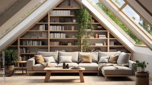 Corner sofa against shelving unit, scandinavian home interior design of modern living room in attic in farmhouse.