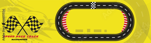 Creative vector illusion of race track isolated on yellow background. Speed race track background design with sport car.