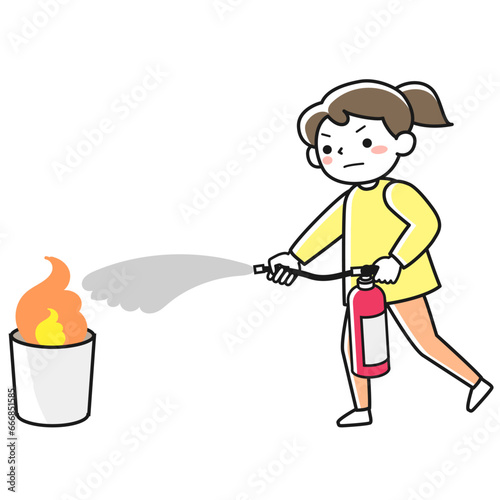 消火器を使って火を消す若い女性
