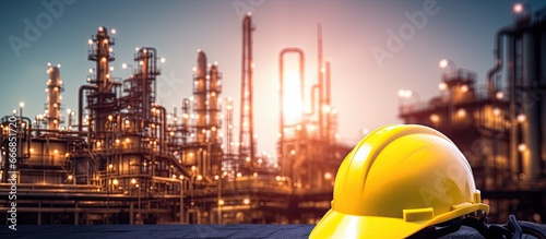 Safety concept for work with double exposure of safety equipment and oil refinery plant background