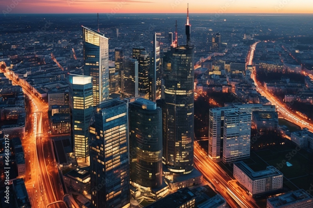 Aerial view of Warsaw's modern skyscrapers and business center; view of the city center from above in Warsaw, Poland. Generative AI - obrazy, fototapety, plakaty 