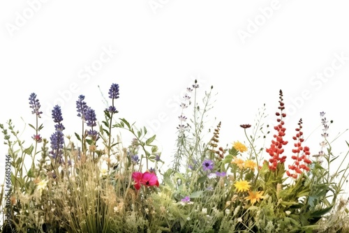 Border of field herbs and flowers on white background. Generative AI © Percival