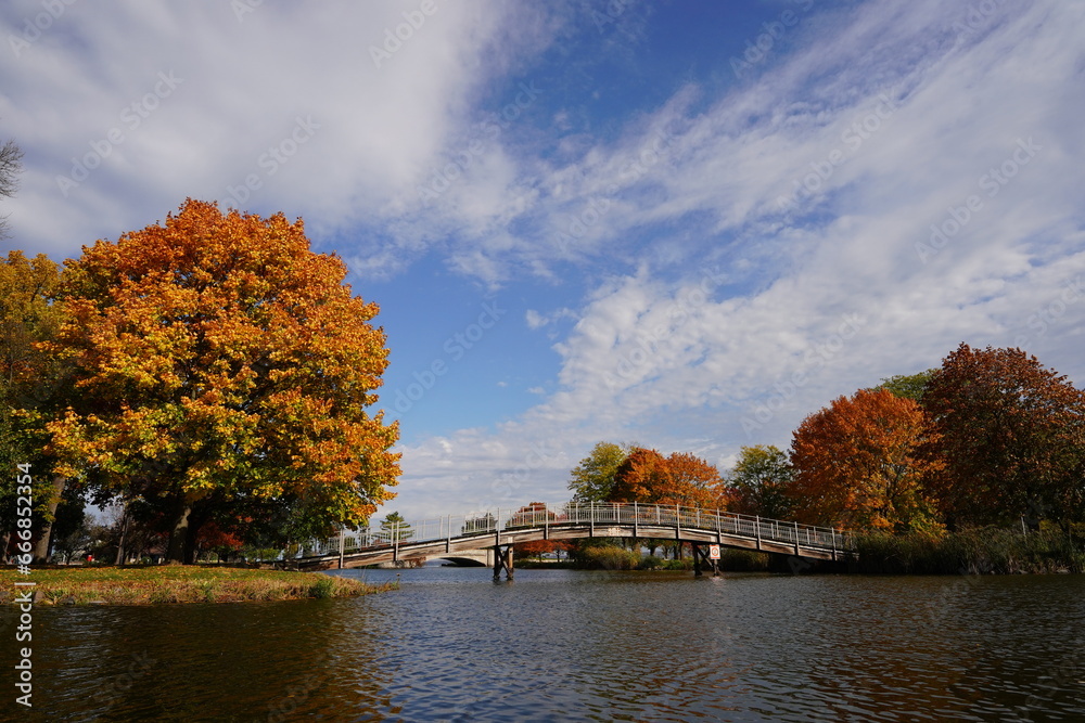 Fototapeta premium Fall autumn season at Fond du Lac Lakeside Park. 