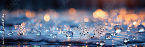 Sparkling crystal winter background. Detailed ice crystals, snowflakes and water drops for Christmas in bright pastel colors. Snowy landscape close up. Generative AI