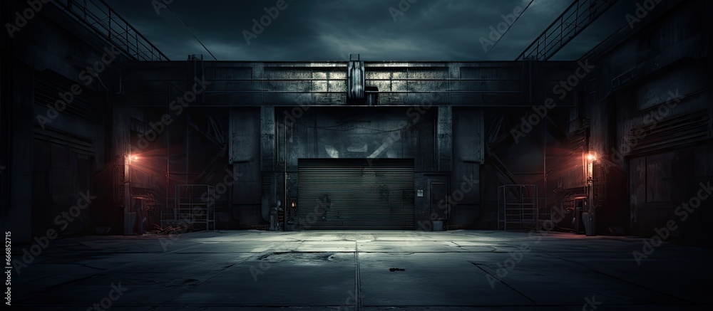 Nighttime entrance to frightening city warehouse loading area - obrazy, fototapety, plakaty 