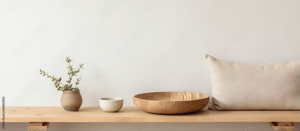 Patterned plates and a pillow rest on a table against a white wall in the living room