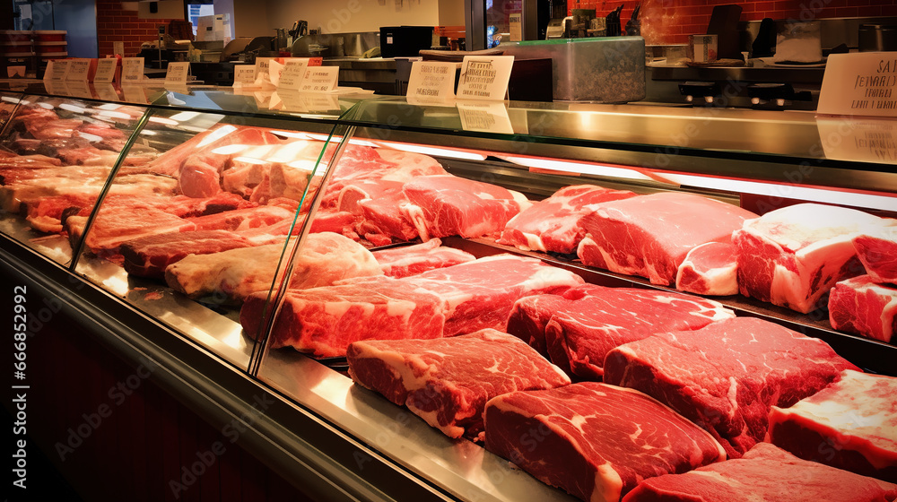 Meat in a counter at a meat specialty store. Generative AI