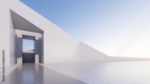 white abstract futuristic architecture on a flat floor  with sky background. 3D illustration render