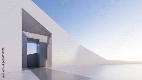 white abstract futuristic architecture on a flat floor, with sky background. 3D illustration render