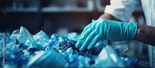 Healthcare worker disposing of gloves according to infection control protocol in lab background