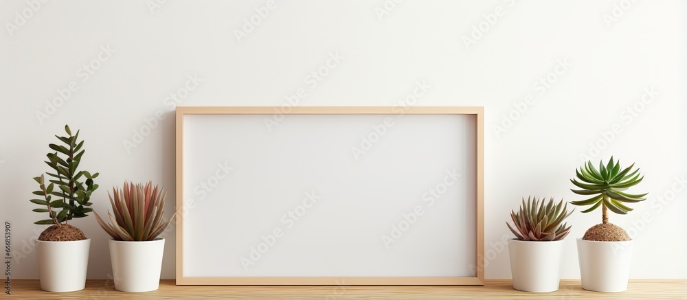a mockup frame on wooden table with plants and vase a mockup frame on wooden table with plants and vase