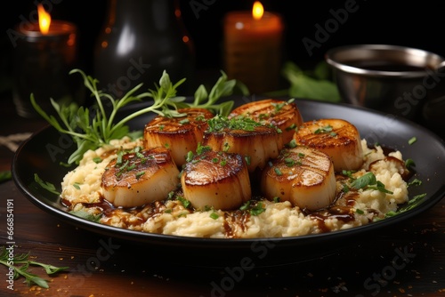 A plate of perfectly seared scallops served over a bed of risotto with a drizzle of balsamic vinegar