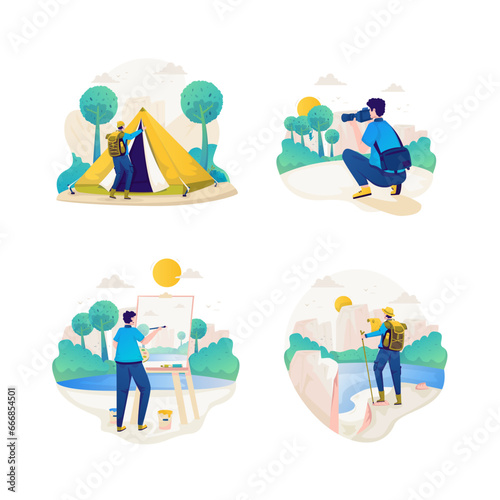 Nature outdoor hobby leisure activities illustration set