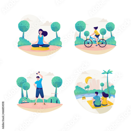 Enjoy free time workout outdoor activities illustration set