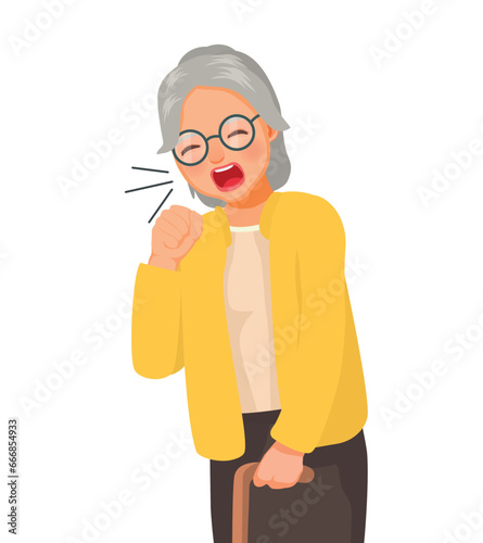 Sick senior elderly woman coughing coughing because of cold, fever, bronchitis, asthma, allergy and respiratory diseases symptoms