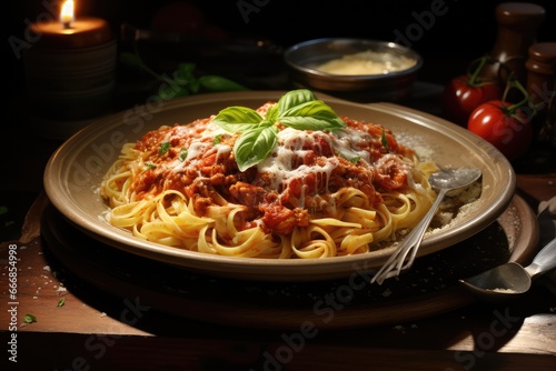A plate of pasta with marinara sauce and a sprinkle of Parmesan cheese