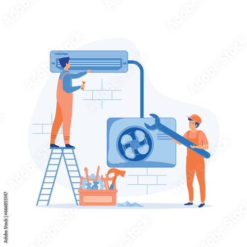Air Conditioner Repair or Installation Illustration with Unit Breakdown, Maintenance Service, Cooling System. flat vector modern illustration 