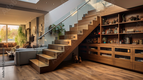 Luxury contemporary interior design in a multi storey home with sleek wooden stairs and custom cabinets under them for storage photo