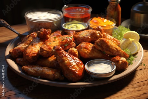 A plate of chicken wings with a variety of sauces