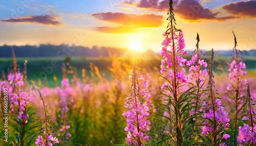 pink ivan tea or blooming sally in the field willow herb at sunset nature landscape photo