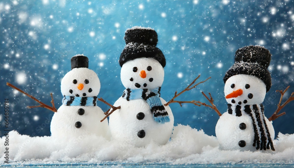 little snowmen on the white snow on blue background