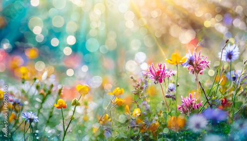 colorful flower meadow with sunbeams and bokeh lights in summer nature background banner with copy space summer greeting card wildflowers spring concept © Slainie