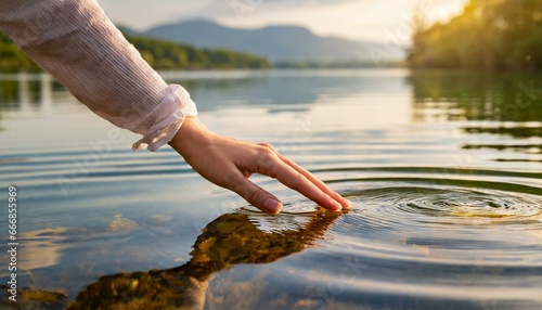closeup of a woman s hand touching the lake water causing ripples a concepts of cleansing nature environment and sustainability photo