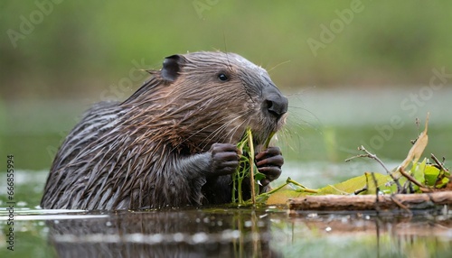 wet eurasian beaver castor fiber eating leaves in swamp in summer aquatic rodent gnawing greens in water brown mammal holding twigs in lake © Slainie