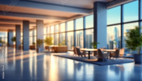 blur background of the empty lobby in the office beautifully blurred background of a light modern office interior environment with panoramic windows illustration ai generative © Slainie