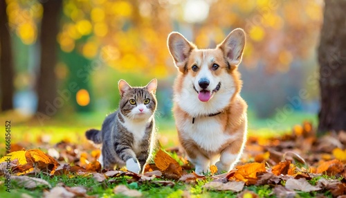 cute corgi dog and striped cat walk among golden fallen leaves in the autumn garden