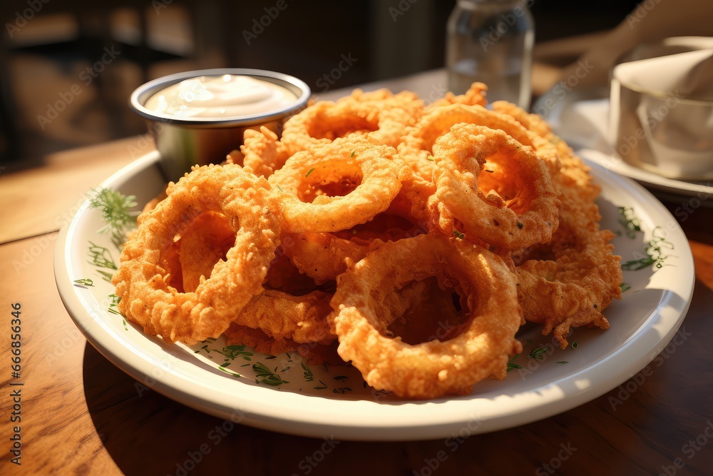 A bowl of onion rings with a side of ranch dressing A bowl of onion rings with a side of ranch dressing
