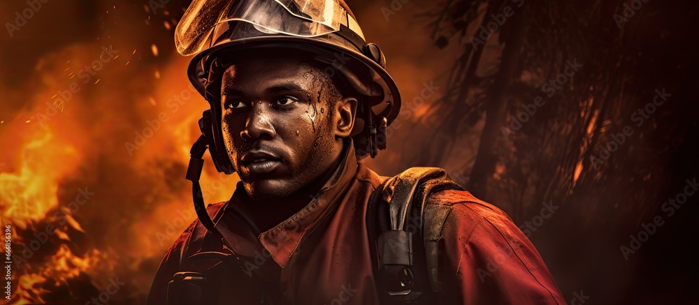 A composed African American firefighter using a hose to battle a dangerous wildfire in a forest