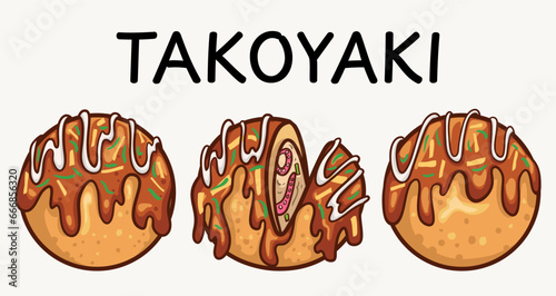 Takoyaki Japanese snack set vector illustration isolated on white background