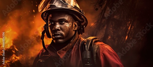 A composed African American firefighter using a hose to battle a dangerous wildfire in a forest