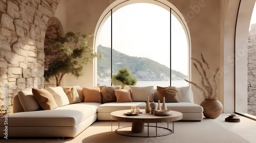 Mediterranean home interior design of modern living room. Curved sofa in room with arched window and stone tiled wall.