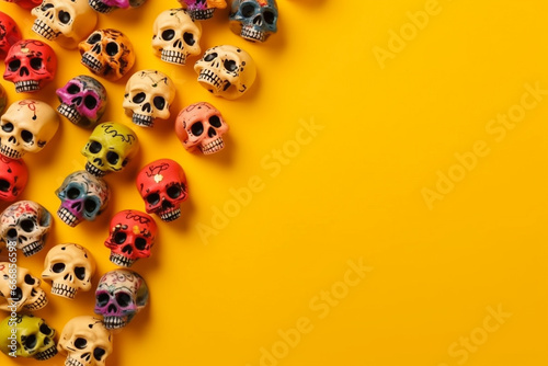 colorful Mexican skull art background, copy space. design for Dia de los Muertos, Halloween, Cinco de Mayo