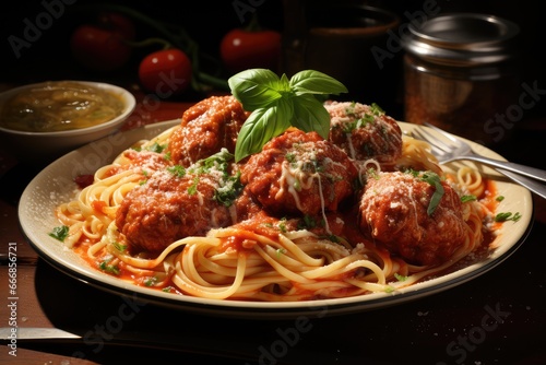 A plate of spaghetti with meatballs and marinara sauce