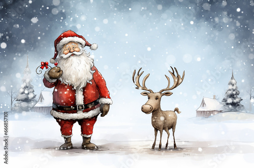 Santa Claus and a Reindeer cartoon  illustration