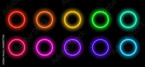 Neon ring lights colorful set, decorative elements, black background, transparent effect.