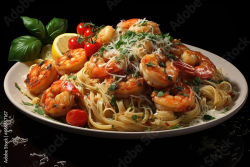 A plate of shrimp scampi with pasta and a garlic butter sauce