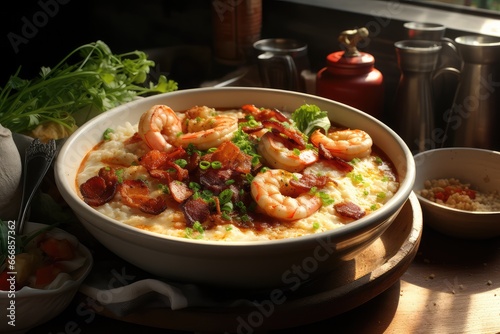 A bowl of grits with shrimp and andouille sausage photo