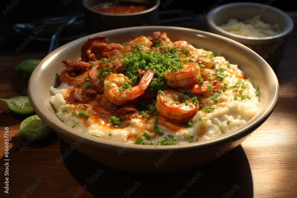 A bowl of shrimp and grits with a creamy sauce