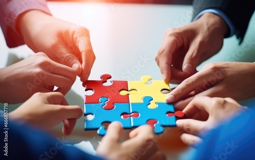 Business people hands joining puzzle pieces in the office