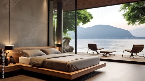 Minimalist interior design of modern bedroom in seaside villa with sea view. © Lucky Ai