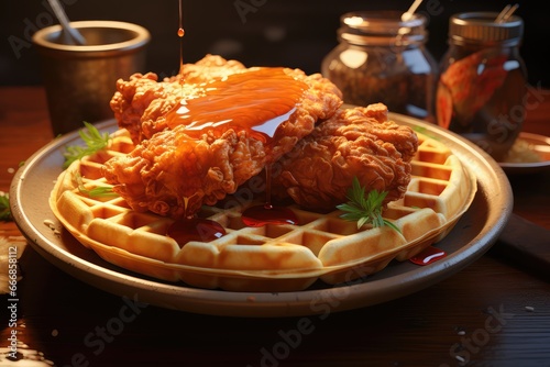 A plate of chicken and waffles with maple syrup and hot sauce